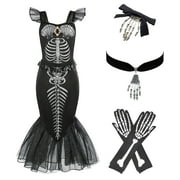 Little Girls Mermaid Princess Costume Skull Party Dress for Toddler Kids Baby Halloween Dress Up with Accessories